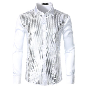 Men's Luxury Sequin Dress Shirts Long Sleeve Silk Satin Shiny Disco Party Shirt Men Chemise Stage Dance Nightclub Prom Costume