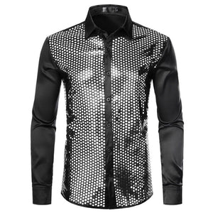 Men's Luxury Sequin Dress Shirts Long Sleeve Silk Satin Shiny Disco Party Shirt Men Chemise Stage Dance Nightclub Prom Costume