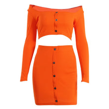 Load image into Gallery viewer, New Women&#39;s Two Pieces Sets Neon Orange Sexy Club Party Sets Buttons Knit Long Sleeve Crop Top Mini Skirt Overalls Outfits GV339