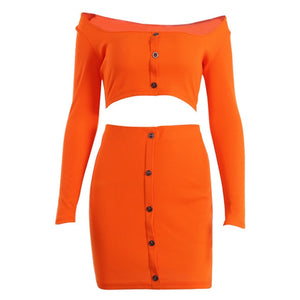 New Women's Two Pieces Sets Neon Orange Sexy Club Party Sets Buttons Knit Long Sleeve Crop Top Mini Skirt Overalls Outfits GV339