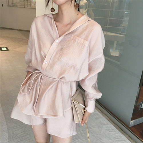 Summer Women pant suits set Lace up two piece set outfits Ice Silk Smooth Casual Solid Color Office lady set
