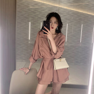 Summer Women pant suits set Lace up two piece set outfits Ice Silk Smooth Casual Solid Color Office lady set