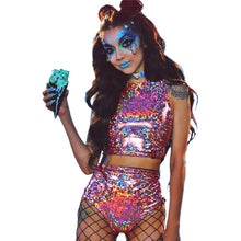 Load image into Gallery viewer, Festival Queen Holographic Crop Top and Hot Shorts Women 2 Piece Sets Sexy Lace Up Festival Party Rave Clothing Two Piece Set