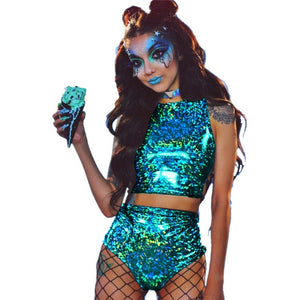 Festival Queen Holographic Crop Top and Hot Shorts Women 2 Piece Sets Sexy Lace Up Festival Party Rave Clothing Two Piece Set